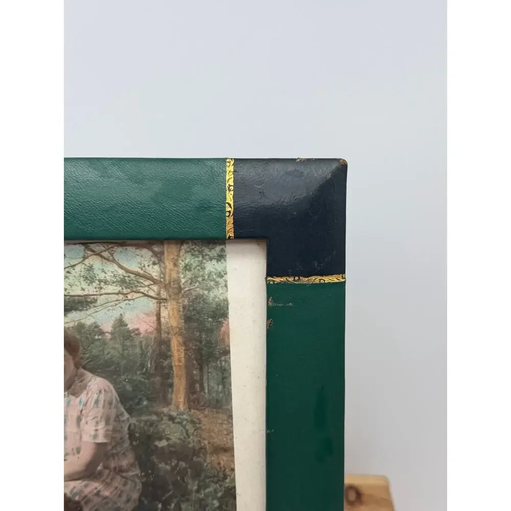 Vintage Hand-Tinted Woman & Dog Portrait in Green Leatherette Frame - 8”x10”